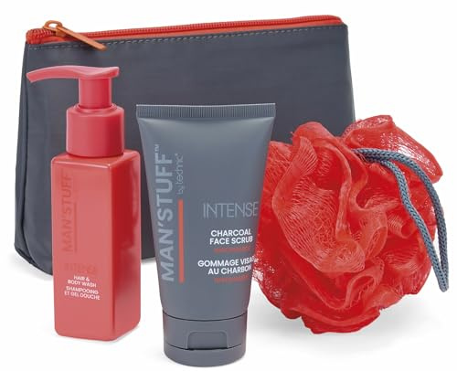 Man Stuff In The Bag Toiletry Gift Set – Men’s Wash Bag with 75ml Hair & Body Wash, 75ml Charcoal Face Scrub & Body Sponge – Sandalwood Fragrance – Travel Grooming Kit for Him