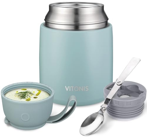 VITONIS Thermobehälter für Essen 500ml Edelstahl Isolierbehälter Gefäß für warme Speißen, Essen, Suppe, Isolierbehälter mit Löffel Thermo Gefäß, salbeigrün