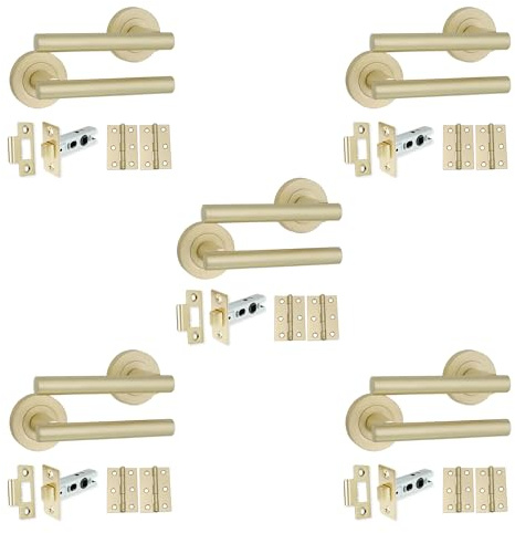 Infinity Decor Set di maniglie a leva in ottone satinato con barra a T con chiavistello tubolare da 6,3 cm e cerniere da 7,6 cm, per porte interne ed esterne