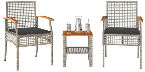 Bucmath 3-TLG. Bistro-Set mit Kissen, Grau Poly Rattan Akazienholz, UV-beständig, Outdoor Möbel für Garten, Balkon & Terrasse, inkl. 2 Stühle & Tisch