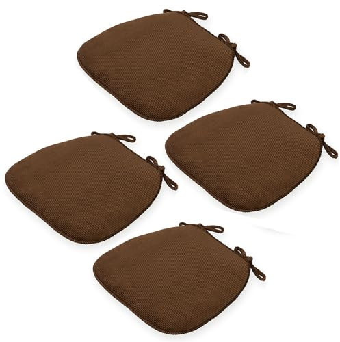 Generisch Sitzkissen Halbrund Waschbares Stuhlkissen Cord 43x41x35cm mit Rutschfester Unterseite & Bindebändern Stuhlauflage für Gartenstuhl, Esszimmerstuhl oder Bürostuhl,Braun,4PCS