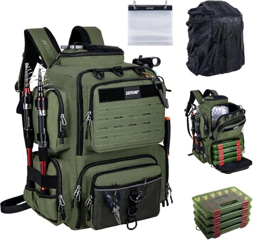 Goture Angelrucksack mit 4 Köderbox Angeln, 45-Liter Angelzubehör-Rucksack mit Zwei Rutenhaltern und Regenschutz, 600D Oxford-Gewebe Wasserabweisende Angelgerätetasche mit verstellbarem Fach