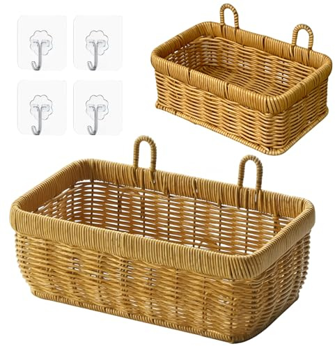 Aufbewahrungskorb Geflochten aus Rattan Wandhalterung Organizer 2 Stück | Wand Hängende Lagerung Korb Container Dekorative, Braided Storage Basket, für Wohnzimmern, Schlafzimmern und Büros