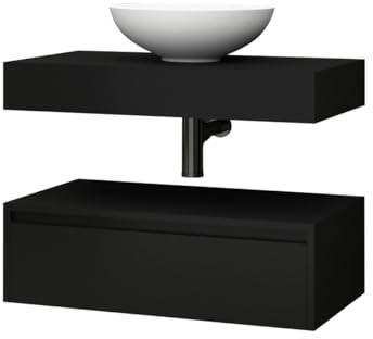 Belvit Linuva Waschtischunterschrank, 80 x 50 cm, MDF Badmöbel mit Schublade und Ablage, hängend, Waschbeckenunterschrank für Badezimmer, Unterschrank für Waschbecken, Mattschwarz