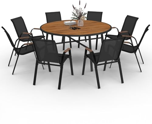 IDMarket - Salon de Jardin NOUMEA Table Ronde 150 cm Plateau Verre trempé Effet Bois et 8 chaises empilables Noir et Bois