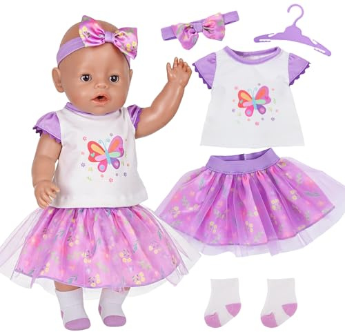 5 Teilig Lila Puppenkleider für 35-43 cm Baby Puppen, süß Schmetterling Puppenkleidung mit Top Tutu Haarband Socken Kleiderbügel, 14-18 Zoll Puppen Kleidung Set Geschenk für Mädchen