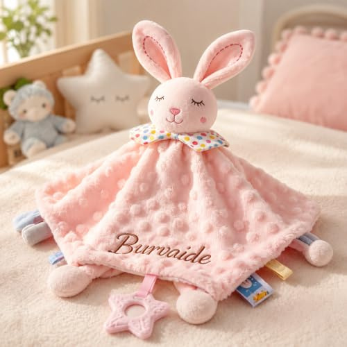 Doudou Lapin Personnalisé avec Prénom Serviette de Bébé pour Fille Garçon | Doudou Personnalisé Couverture de Sécurité Idée Cadeau Naissance Anniversaire Cadeau Personnalisé pour Fille Garçon