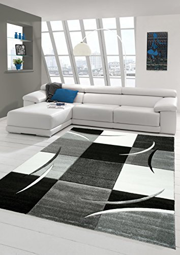 Designer Teppich Moderner Wohnzimmer Kurzflor Mit Konturenschnitt Karo Muster Grau Weiss Schwarz - Größe 200 x 290 cm