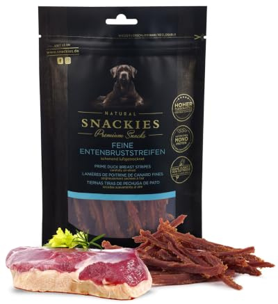 SNACKIES Premium Snacks für Hunde, ohne Zusatz von Getreide, Zucker, Farb-, Aroma- und Konservierungsstoffe, schonend luftgetrocknete Leckerli, Feine Entenbruststreifen 180g