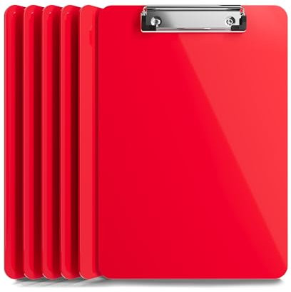 Kunststoff-Klemmbrett mit Metallclip | Plastik-Clipboard-Set nach Rot | Stabile Schreibunterlage mit Metallclip für 100 Blatt Papier | Transparente Acryl-Klemmbrettmappe | 6 Stück