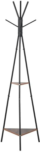 HOMCOM Porte-manteau trépied style industriel branches 2 étagères + 6 patères dim. 52L x 46l x 182H cm métal noir panneaux particules boisés