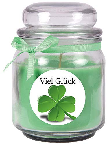 HS Candle Duftkerze im Bonbonglas Viel Glück, Duft: Kokos (Grün), 300g - Brenndauer bis zu 70 Stunden, Kerze aus Glas mit Duft