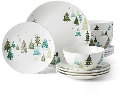 Lenox Dinnerware, Balsam Lane 12-Piece Dinnerware Set, Service For 4, Porcelain, Dishwasher & Microwave Safe, Plates & Bowls Sets, Christmas, Holiday Hosting, Home and Kitchen (White/Green, 12 Piece)