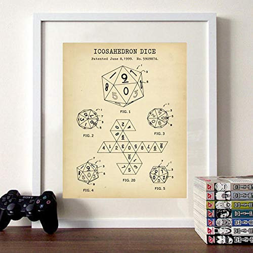 Bilder, Poster, Gemälde, 20 Seitige Würfel Patent Vintage Poster Und Drucke DND Player Gifts D20 Ikosaeder Würfel Blaupausen Malerei Gaming Room Wanddekor Für Raumästhetik - 50X70Cm