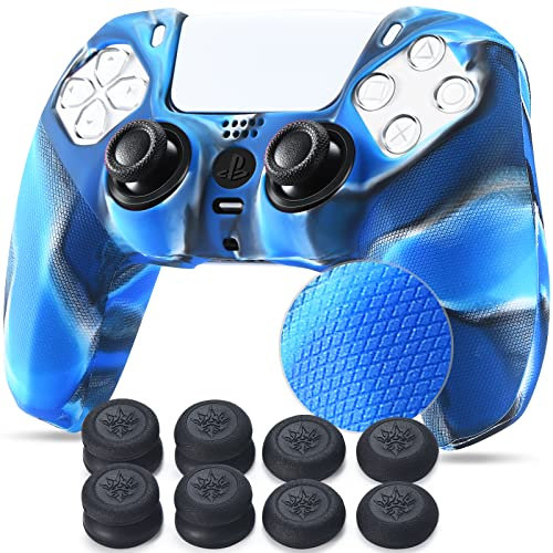YoRHa Griff Textur Silikon Hülle Haut für PS5 Controller x 1 (Blau) mit Pro Thumb Grips Aufsätze x 8
