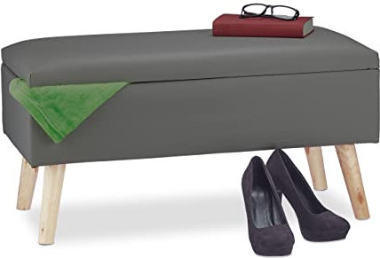 Relaxdays Banco Almacenamiento 40L, Acolchado, Patas de Madera, Cuero Sintético, 40x80x39,5cm, Asiento Baúl, Gris Oscuro, Tablero de Fibras, 1 Unidad