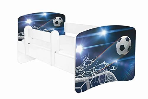 AS-TOR Kinderbett Jugendbett Hugo 70x140cm mit Matratze und Abnehmbarem Geländer - Bett Schlafzimmer Kindermöbel Kinderbetten für Mädchen und Junge, Massivholz, Solide und Sicher - Fußball