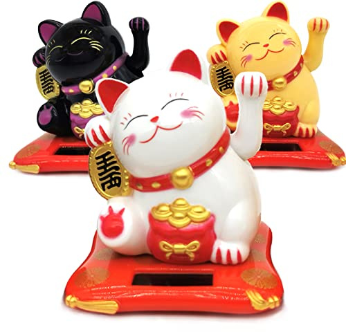 KOXXUD Lucky Cat Waving Arm Set, Vivid and Lovely Chinese Cat, Solar Fortune Cat Statue Decorations for Decorating Front Desk, Car, Business Openings, 2.95IN, White+Black+Yellow, 3PCS