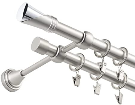 Fenster DEKOR - Gardinenstange Wandmontage 2-läufig 340 cm - Vorhangstange aus Stahl mit 68 Ösen und Clips - Gardinen Stange Satin - Gardinenstangen im Set mit Dübel - Elegante Vorhangstangen