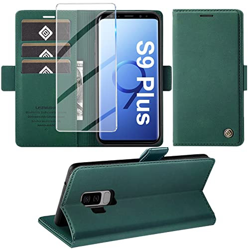 Handyhülle für Samsung Galaxy S9 Plus Hülle mit Schutzfolie, Schutzhülle Galaxy S9 Plus Standfunktion Premium Leder Wallet Silikon Phone Case Cover Hüllen S9 Plus Klapphüllen (Grün)