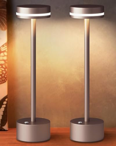 FUNTAPHANTA 2 Pack LED Battery Operated Cordless Table Lamp with Touch Sensor, Aluminum Lamp Body, 3 Level Dimming, 4000mAh Rechargeable Battery, 3000K Warm Light, for Dining Table (Brown)