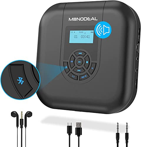MONODEAL Portable CD Player with Bluetooth, Rechargeable CD Player with Speakers, Anti-Skip for Car