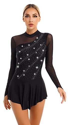 CHICTRY Eiskunstlauf Kleider Damen Langarm Strass Glitzer Rollschuhkleid Mesh Spleiß Ballettkleid Cut Out Gymnastikbody Mit Wickelrock Dancewear Schwarz S