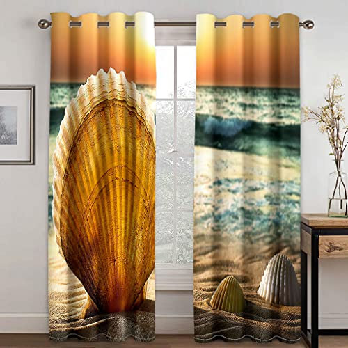 Lot De 2 Rideau Occultant À Oeillets - Rideaux Pour Petites Fenêtres - Rideaux Thermiques Isolants Anti Froid Rideaux - 3D Impression Coquille De Plage Gros Plan Pour Chambre 260 X 214 Cm(L X H)