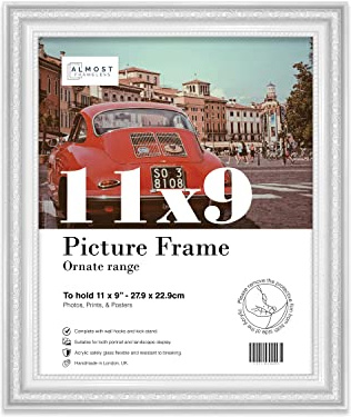 Almost Frameless 11x9 White Ornate Picture Frame 11x9(27.9x22.9cm) Poster, Photo, Artwork, or Print. Shabby Chic Style Portrait and Landscape Display with Wall Hooks