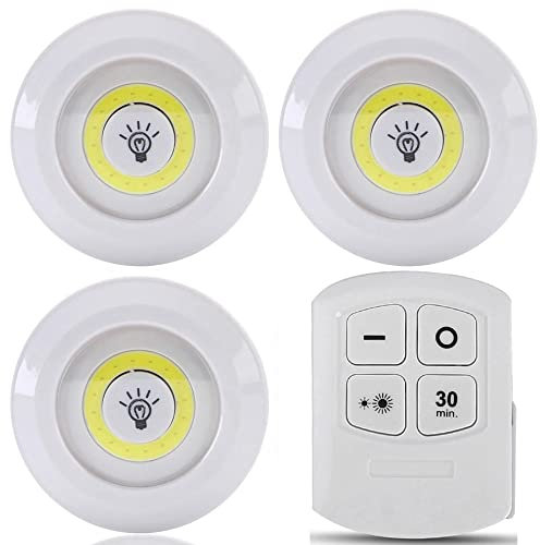 Luces adhesivas, pack 3 LED con mando a distancia y temporizador - Luz blanca y portatil para armario - Lampara de cocina [Clase de eficiencia energética A]