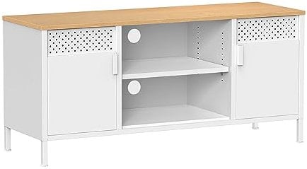 SONGMICS Mobile TV, Stand TV, Tavolino Porta TV per Televisore fino a 55 Pollici, con Ante, 3 Ripiani Regolabili, per Soggiorno, Camera da Letto, Colore Rovere e Bianco LTS103W01