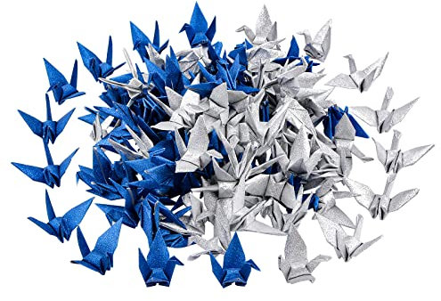 CRAFFANCY Origami-Papierkraniche, glitzernd, blau, silberfarben, handgefertigt, gefaltet, Origami-Papierkranich-Girlande für Hochzeit, Party, Hintergrund, Heimdekoration, 100 Stück