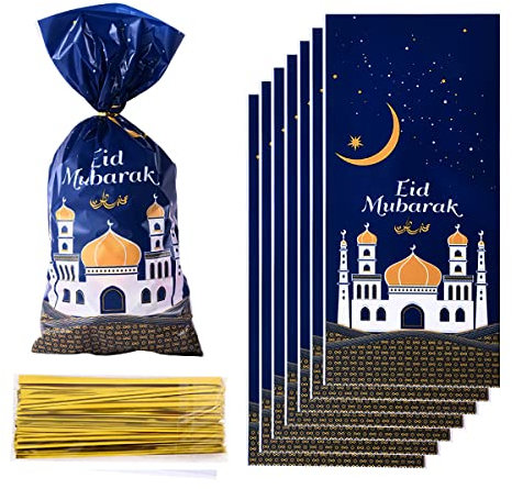 Eid Mubarak Geschenktüten, 50 Stück Eid Mubarak Partytüten, Ramadan Theme Moschee Gedruckte Muster Geschenkbeutel Eid Mubarak Partytüten mit 50 Twist Krawatten für Eid Mubarak Party Deko (Blau)