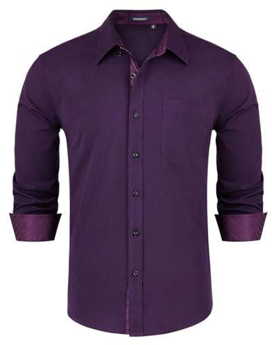 HISDERN Hommes Chemise Violette à Manches Longues Formelle Casual Robe Affaires Coupe Régulière Boutonnée Chemise pour Hommes de Mariage avec Poches,Violet foncé,L