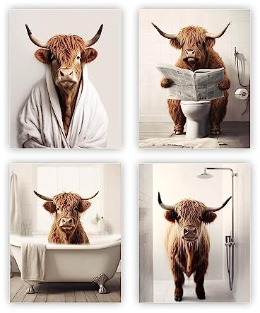 heilkee Lustiges Hochlandkuh Badezimmer-Dekor, Tier, Badezimmer, Wandkunst, braunes Rind in der Badewanne, Bild, rustikaler Bauernhaus-Stil, Poster, Drucke, Kuh in WC, Dekoration, 4 Stück (ungerahmt,