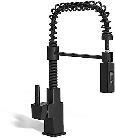 BESy Rubinetto da cucina quadrato nero opaco Morden, maniglia singola a 2 funzioni Pull Down, rubinetto commerciale in ottone massiccio a molla per lavello da cucina quadrato con spruzzatore