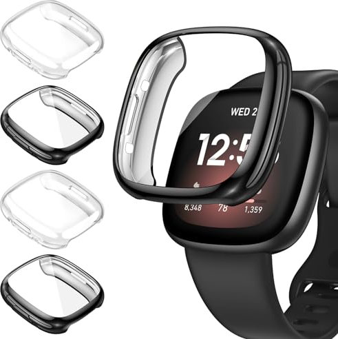 [4Stück] Kamita Schutzhülle für Fitbit Versa 4/Sense 2 Hülle, Weiche TPU Bumper Case mit Schutzfolie, Stoßfestes Rundum Schutz Cover Ultradünne Gehäuse für Fitbit Versa4/Sense2 (Klar*2+Schwarz*2)