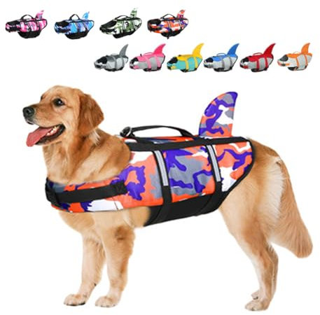Giubbotti Di Salvataggio Per Cani Giubbotto Squalo Salvagente Per Animali Domestici Salvagente Gilet con Manico e Riflettente Per Cani Piccoli, Medi e Grandi, Taglia Regolabile Mimetico Arancione M