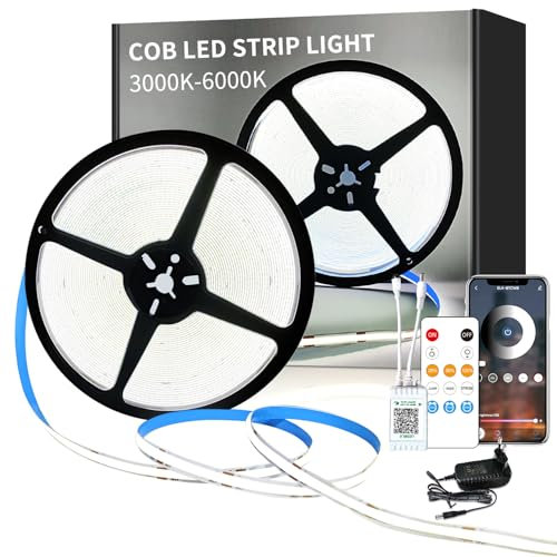 Yeewhale cob Led strip 15m,APP Steuerung,mit Fernbedienung,flexible Dimmbar COB LED Streifen, DC24V 6000k Weiß LED band, anwendbar auf Schlafzimmer, Raum,DIY Dekoration