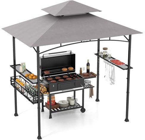HAPPYGRILL 8 x 5 FT BBQ Grill Gazebo with 2 Side Shelves, Storage Basket, Hanging Hooks, Bottle Opener, Double-Tiered Top, Metal Frame, Outdoor Barbecue Canopy, Grilling Shelter for Patio Garden Yard
