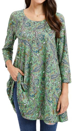 Enmain Tunic Tops for Women UK 3/4 Long Sleeve Ladies Tunics Paisley Tunic Top for Leggings Casual Loose Round Neck Blouse Shirt Sage Green XL