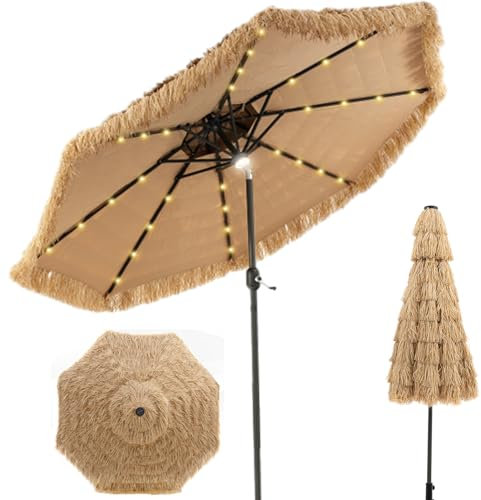 RELAX4LIFE Parasol de Plage Hawaï Tropicale LED Φ282, Parasol de Jardin Extérieur en Paille avec 8 baleines, Parasol Inclinable Double Toit Manivelle pour Plage Patio Piscine (LED Φ282 x 247cm)