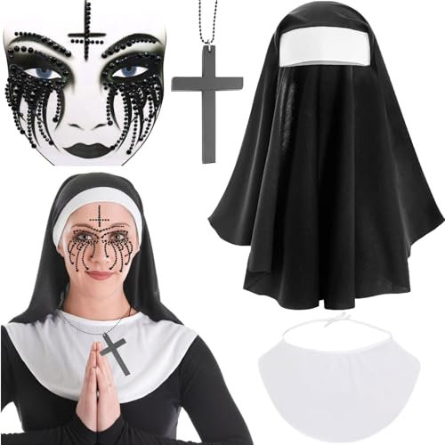 Qunkun 4 Stück Nonnen Kostüm Damen, Nonnen Kopfbedeckung, Karneval Horror Nonne Kostüm, Nonnen Kostüm Damen Halloween, Gesichtstattoo Karneval, Nonnen Kopfbedeckung, Karneval Kostüm Damen Gruselig