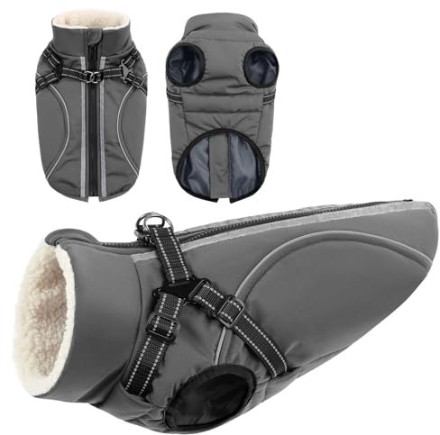 CITÉTOILE Winddichte Hundemantel mit Geschirr, Wasserdichter Wintermantel für kleine Mittel Große Hunde Outfit mit Reflektierender Streifen und Reißverschluss, Grau, XS