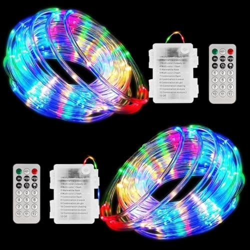 Waiybbit Outdoor Christmas Lights Battery 2 Pack, 49ft/pcs 150 LED Colour Changing Rope Lights Outdoor with Remote Control, 6 Modes, Fairy Lights for Indoor, Garden, Parties, Christmas