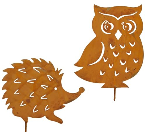 Metallfiguren Igel und Eule auf Schraube Rostige Gartenfiguren zum Einschrauben - Rostdeko wetterfest Gartendeko aus Metall für Draußen - Edelrost-Figuren für Holzstämme & Outdoor-Deko