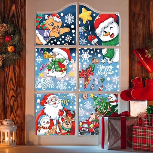 200+ hojas Navidad ventana Clings, Papá Noel y copo de nieve pegatinas de ventana de copo de nieve, decoraciones de ventana extraíbles, decoraciones de fiesta de Navidad