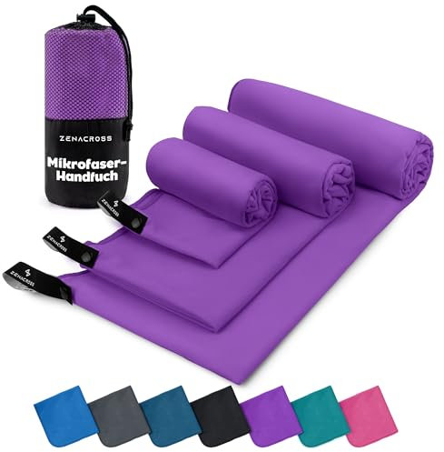 ZENACROSS Mikrofaser Handtuch 3er Set mit Transportbeutel - Schnelltrocknendes und vielseitiges Fitness Handtuch - Sporthandtuch Größen - XS, S, M - Lila