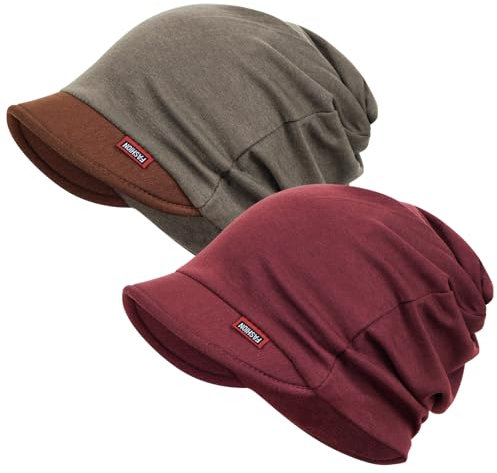 FADACHY 2er-Pack Mützen für Damen – weiche, lässige Beanie-Mütze, modische Kopfbedeckung, Damenmütze mit Bim, Pferdeschwanz-Loch, Laufmütze, 2 Stück, Khaki + Rot, 5 1/8-7 7/8