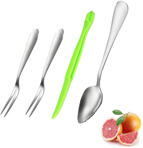 Grapefruit Löffel 4-Teiliges Set, Grapefruitlöffel Edelstahl, Kiwi Löffel mit Orangenschäler-Werkzeug und Fruchtgabel, Dessertlöffel, Grapefruit-Utensilenset für Kiwi, äpfel, Grapefruits